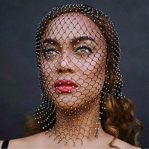 New Unique Black Mesh Face Mask / Headpiece Crystal Body Jewelry - Picture 3 of 16